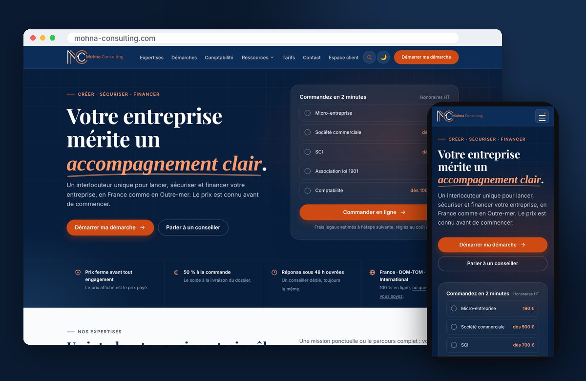 Le site mohna-consulting.com affiché sur ordinateur et sur mobile
