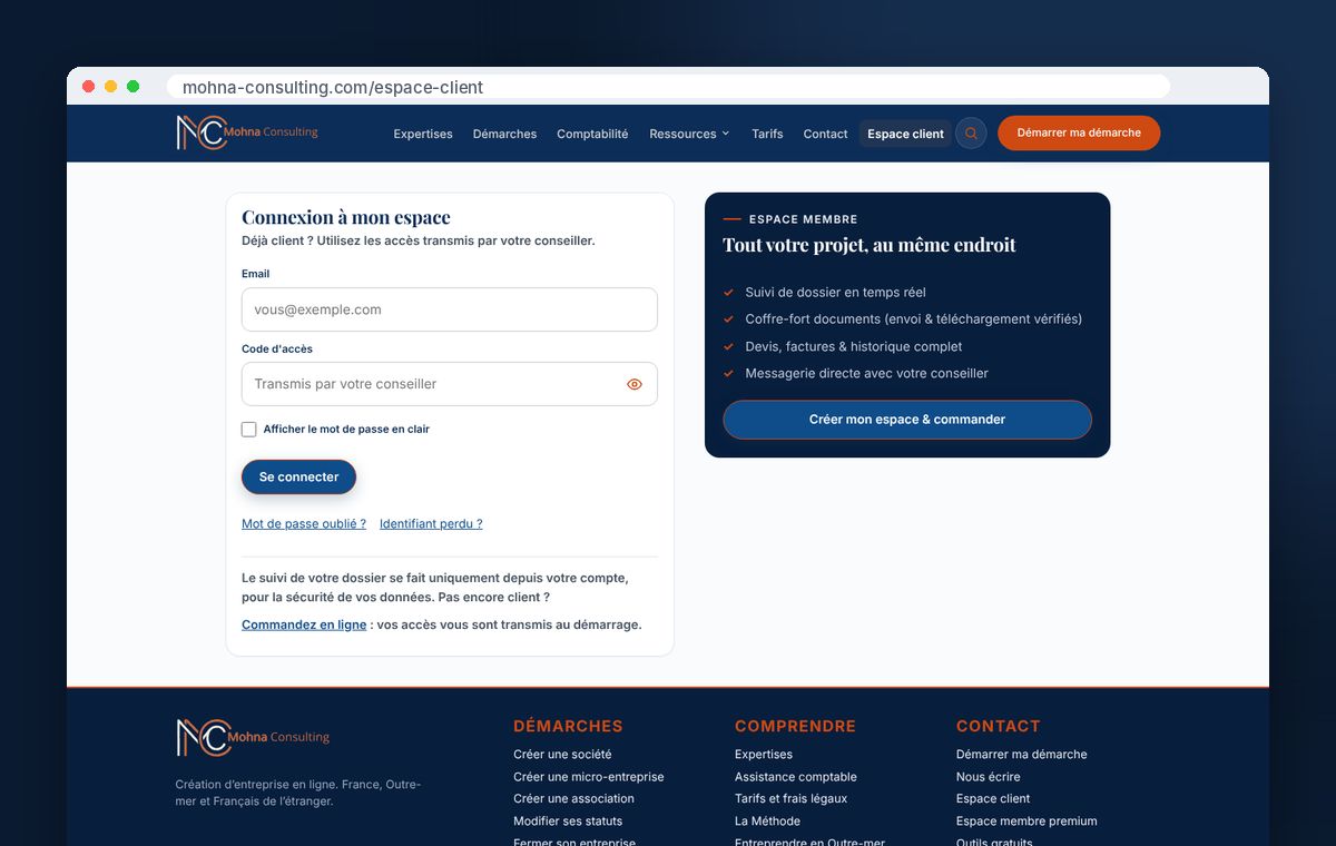 Page de connexion à l’espace client de mohna-consulting.com